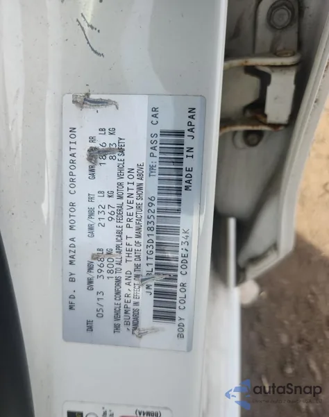 2013 Mazda 3 I из США, поврежденный, VIN JM1BL1TG3D1835296